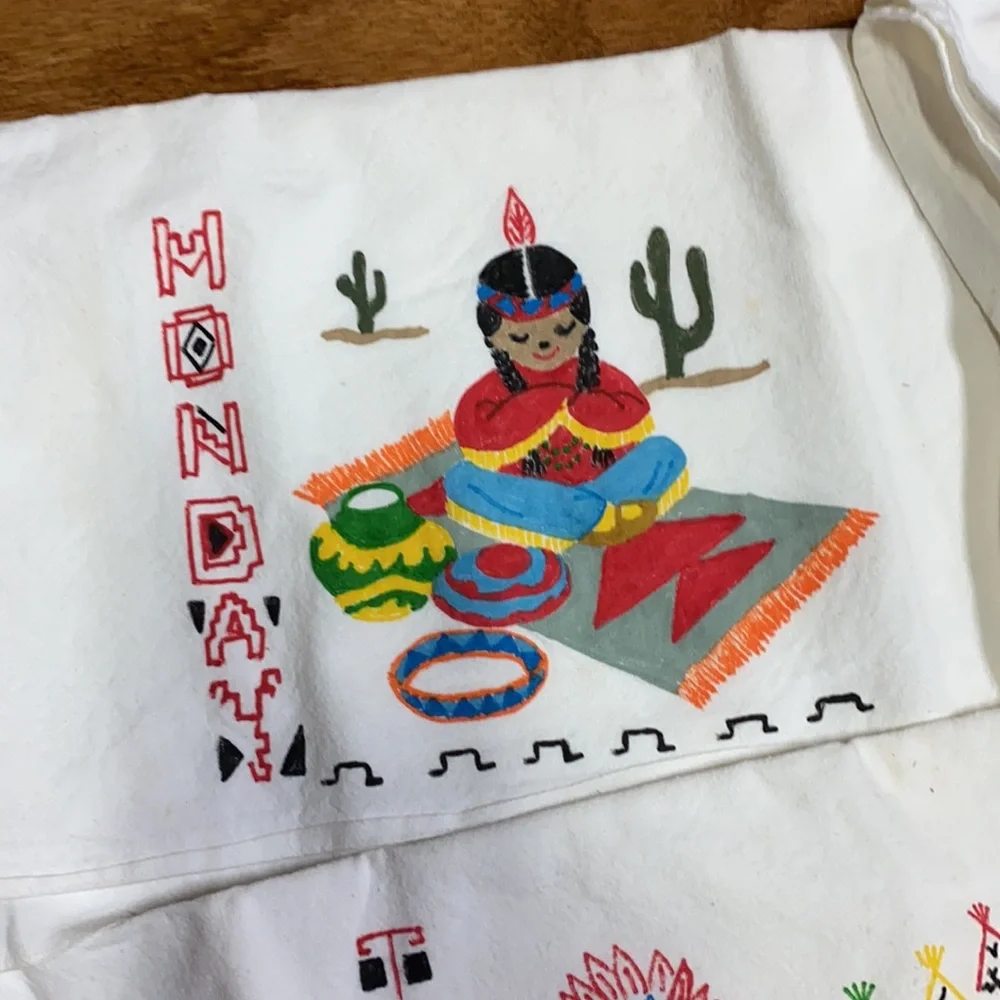 Vintage Native American Hand Painted Dish Towel Set of 7 50s 60s Mid Century